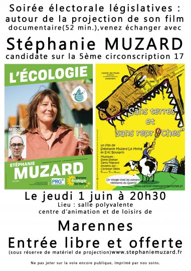 REUNION PUBLIQUE ET PROJECTION DE STEPHANIE MUZARD A MARENNES LE 1er JUIN